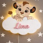 Veilleuse Murale Lionceau Nuage Prénom LED Bois Personnalisée
