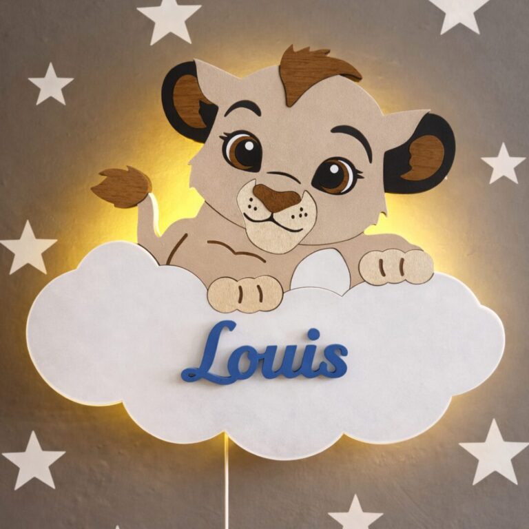 Veilleuse Murale Lionceau Nuage Prénom LED Bois Personnalisée