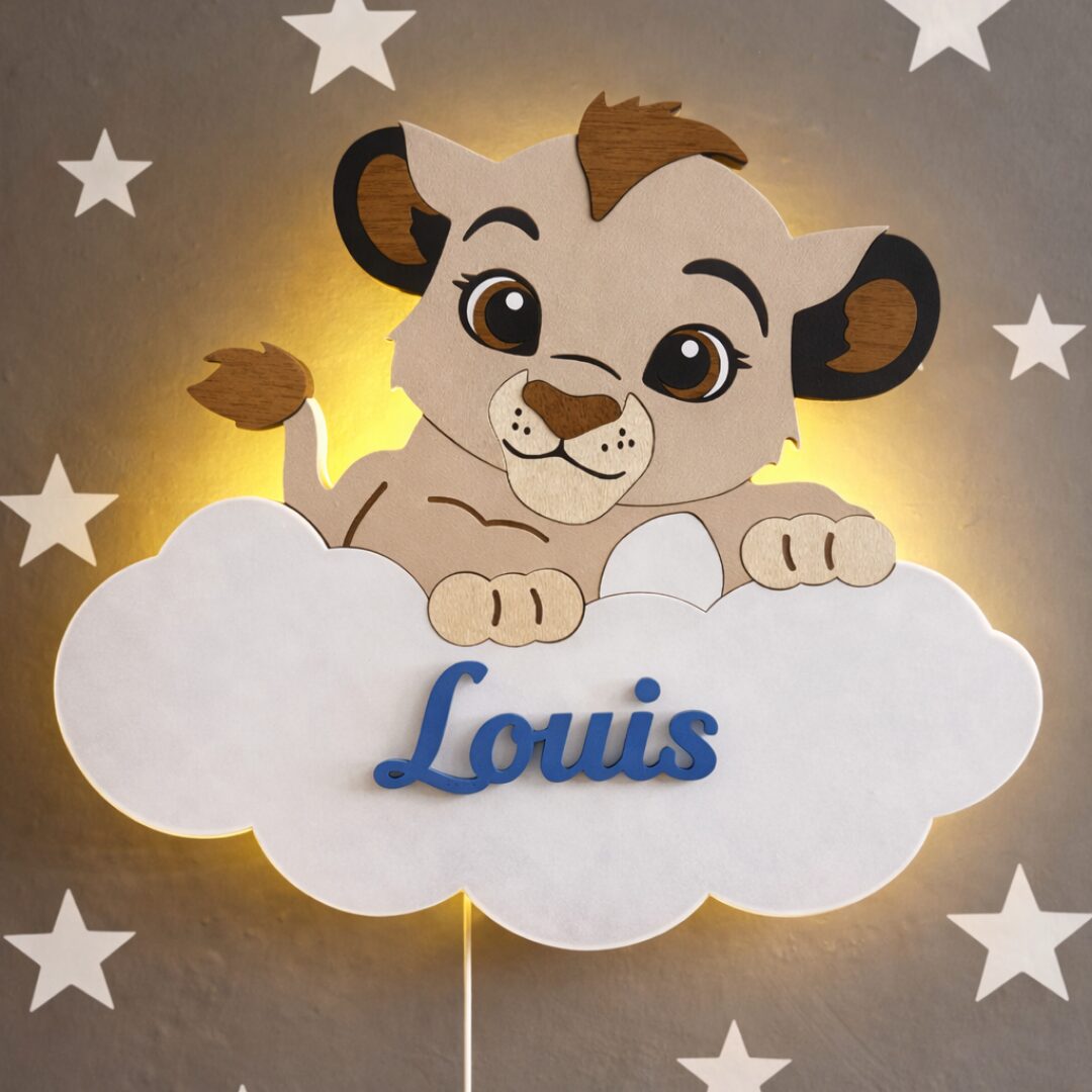 Veilleuse Murale Lionceau Nuage Prénom LED Bois Personnalisée