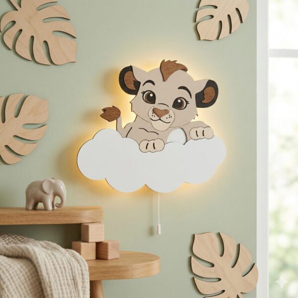 Veilleuse Murale Lionceau Nuage Prénom LED Bois Personnalisée