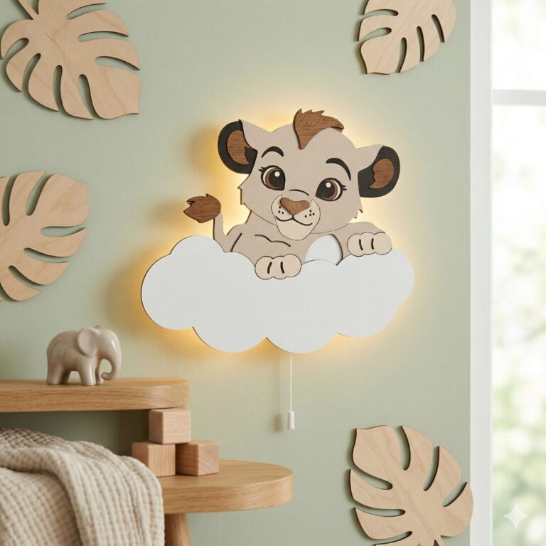 Veilleuse Murale Lionceau Nuage Prénom LED Bois Personnalisée