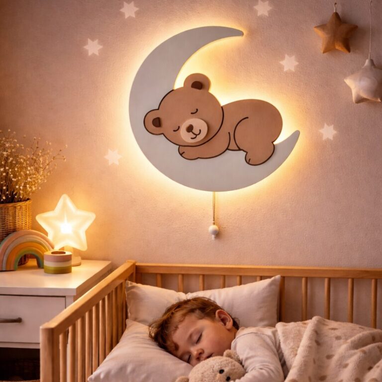 Veilleuse Ourson Endormi Lune LED | Chambre Bébé Couleurs